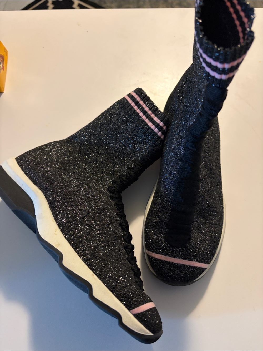 Fendi women’s Black Sparkle Knit Sock Sneakers with Pink Stripes size 35/5
